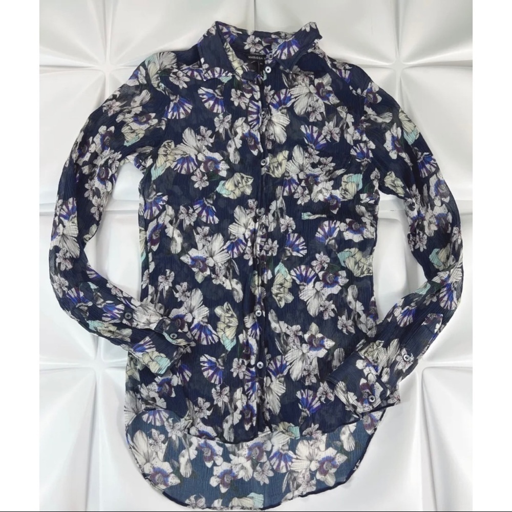 Marissa Webb Womens Sz XS Floral Print 100% Silk Crinkle Button Up Shirt Blouse